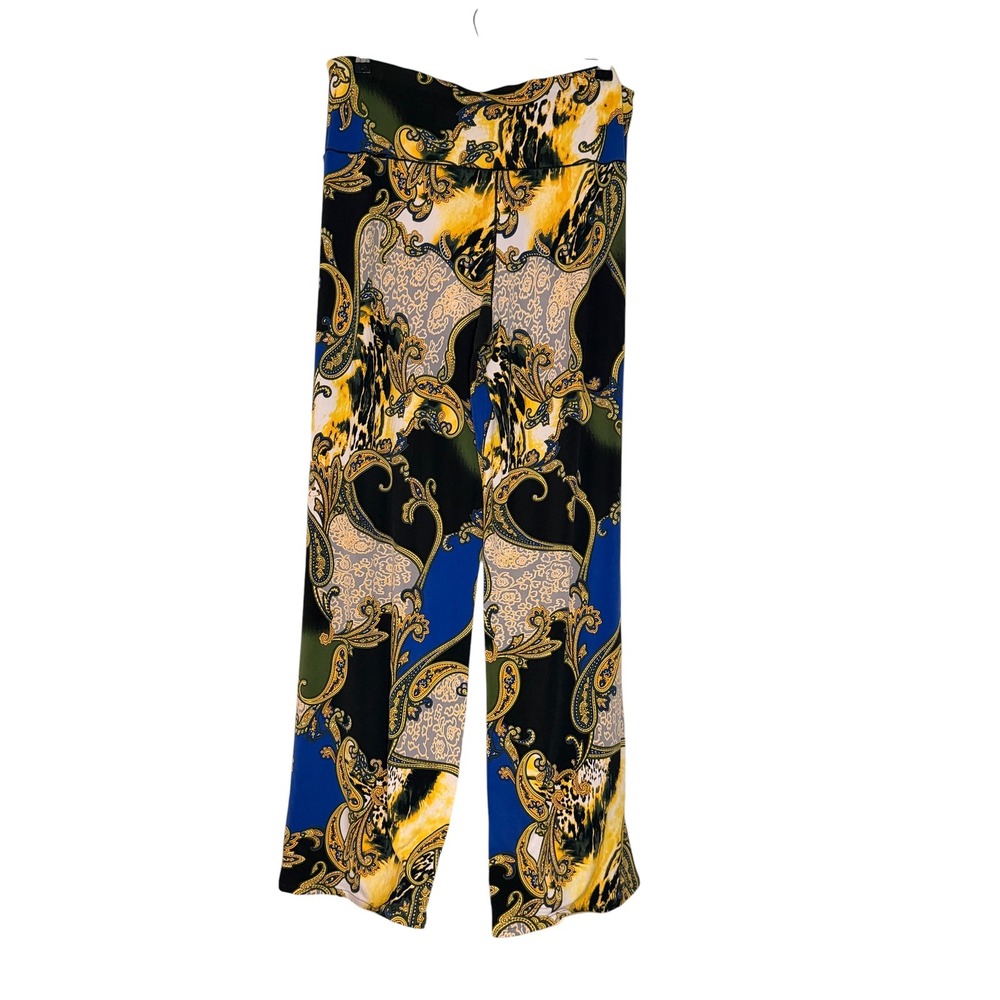 Eva Varro Wide Leg Palazzo Pants XL Baroque Paisley Leopard Print Blue Gold USA